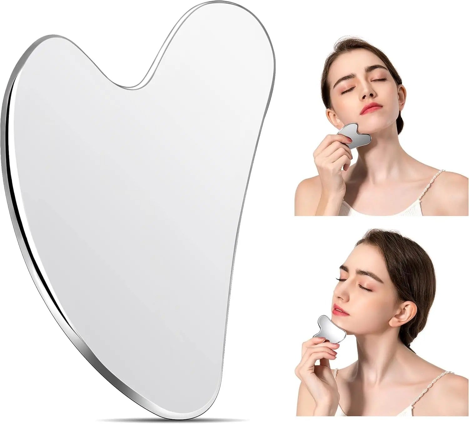 Heart-shaped mirror with a woman using it on her face