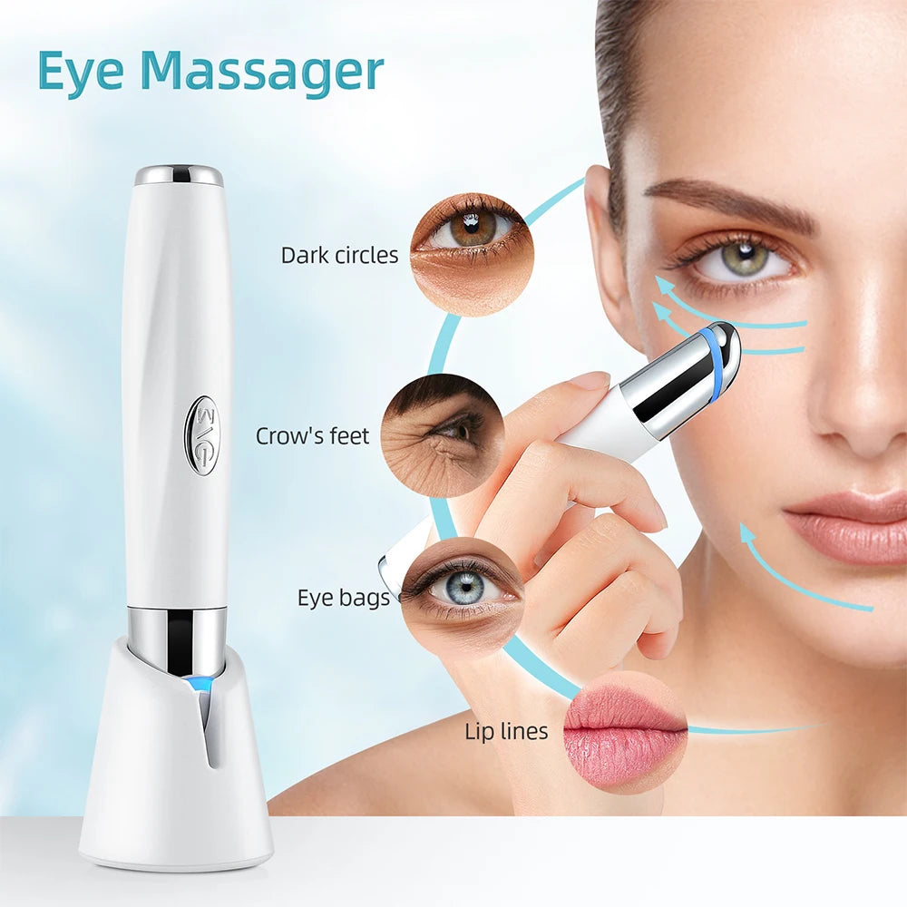 Eye massager with close-up of a woman's face showing eye issues and the product being used.