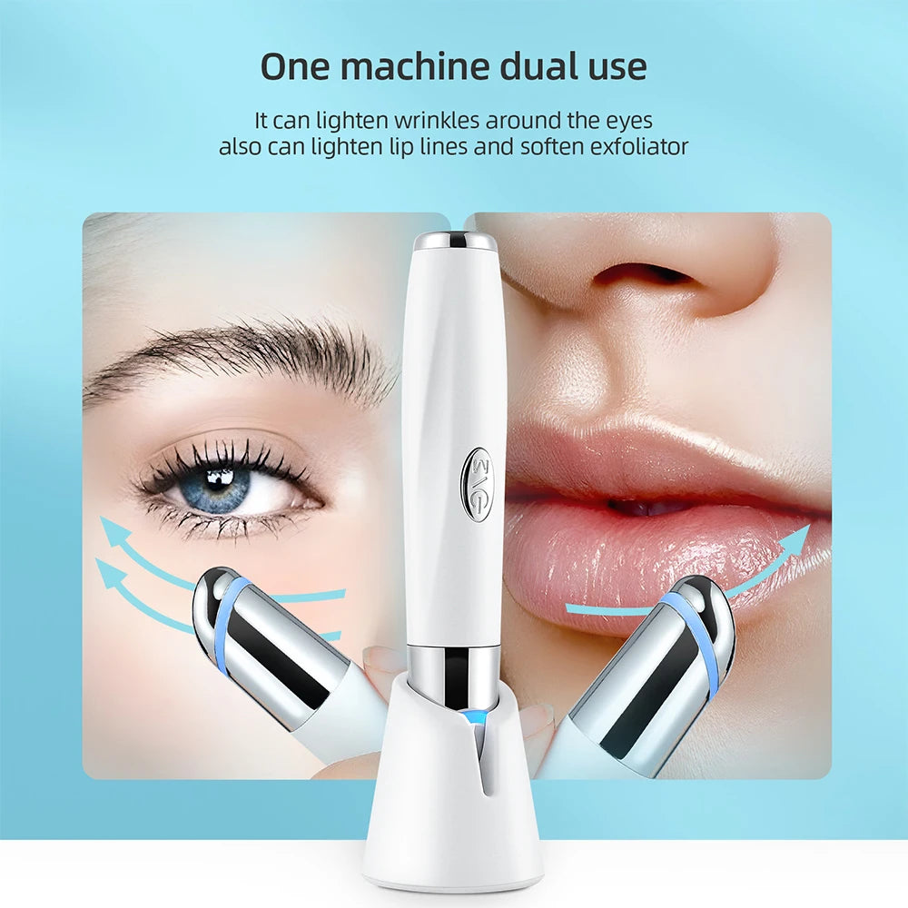 Facial exfoliator with close-up images of eyes and lips on a blue background