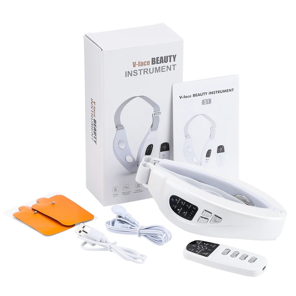 V-face Beauty Instrument with packaging, cables, and attachments on a white background