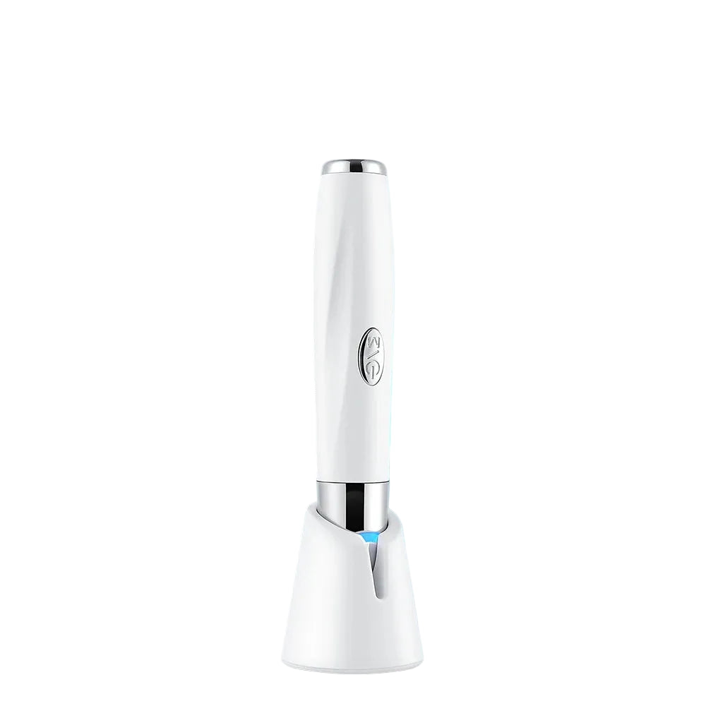White electric toothbrush with blue light on a white background