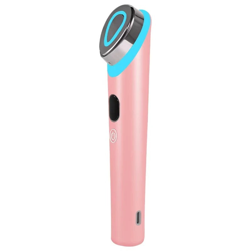 Pink handheld device with a blue light on a white background