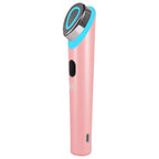 Pink handheld device with a blue light on a white background