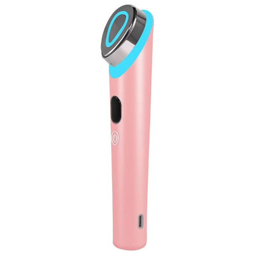 Pink handheld device with a blue light on a white background