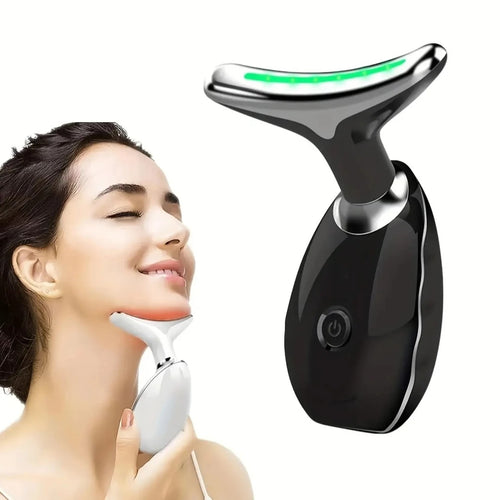 Woman using a facial device on her face with a white background