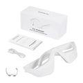 White eye massager with packaging, USB cable, and user manual on a white background