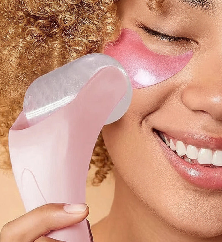 Woman using a pink skin care device on her face with text about eye care and skin tone.