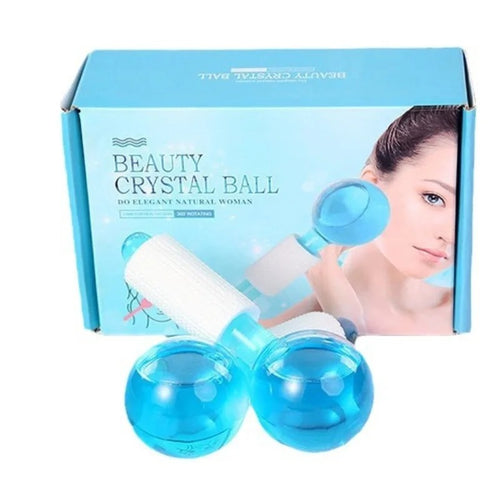 Blue beauty crystal ball device with packaging featuring a woman's face.