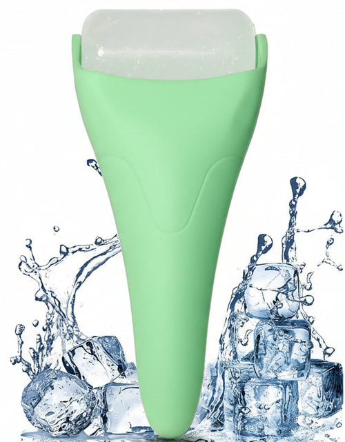 Green roller with ice cubes and water splashes on a white background