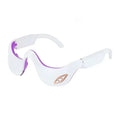 White and purple goggles with a brand logo on a white background
