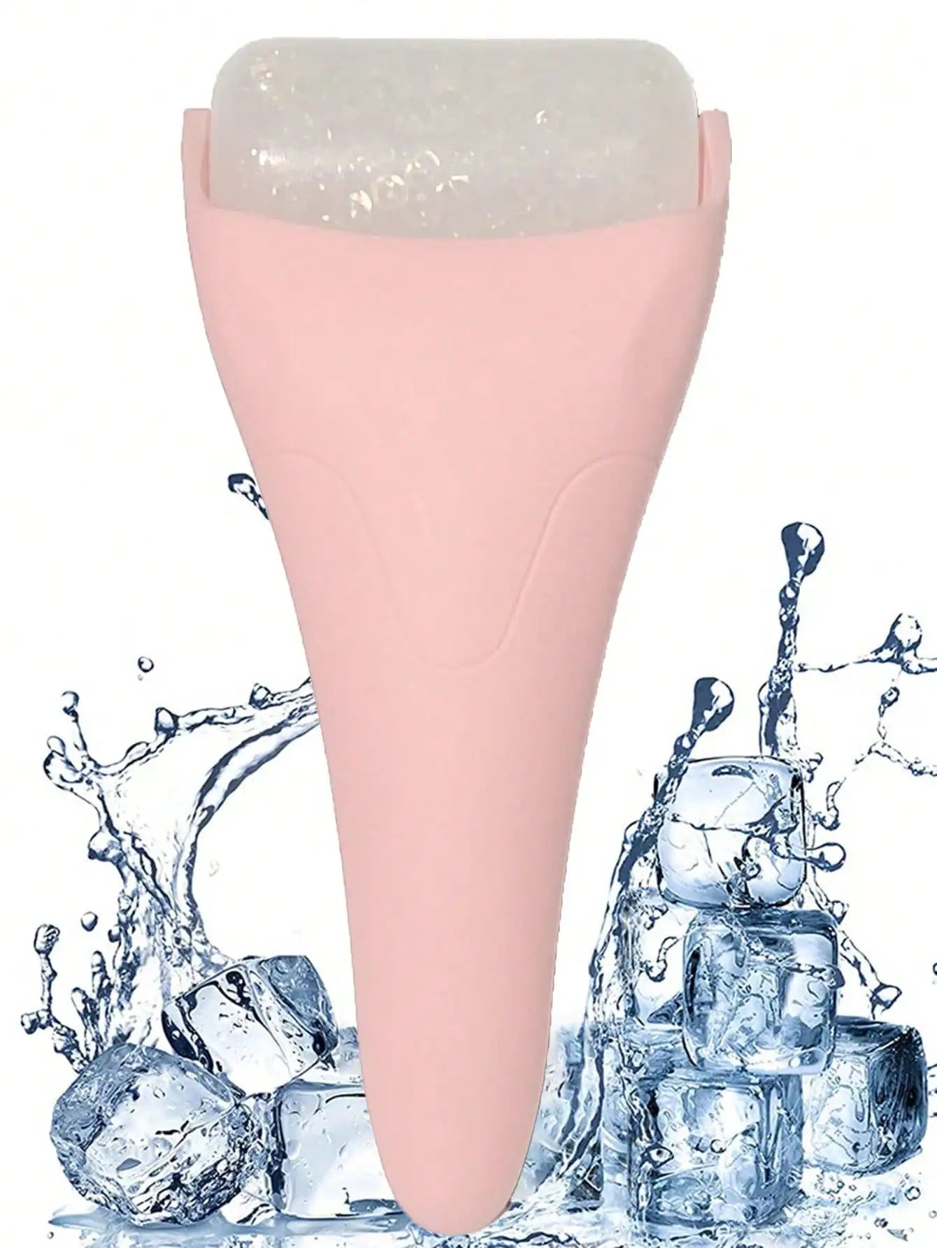 Pink handheld device with a white top, surrounded by water splashes and ice cubes on a white background